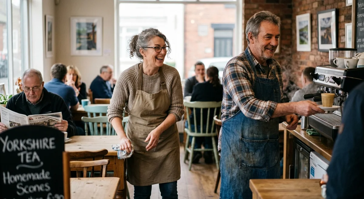 Helen and Dave working together behind the café counter