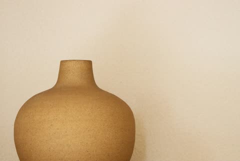 A textured brown ceramic vase against a pale wall